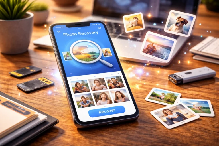 Smartphone sobre mesa exibindo aplicativo de recuperação de fotos com imagens restauradas ao redor, representando apps para recuperar fotos apagadas no celular. 📸📱