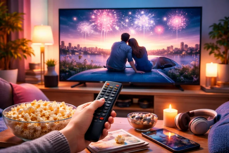 Sala aconchegante com pessoa segurando controle remoto enquanto assiste filme em TV grande, com pipoca, vela acesa e celular sobre a mesa, representando a experiência de assistir filmes sem anúncios em casa 🎬🍿