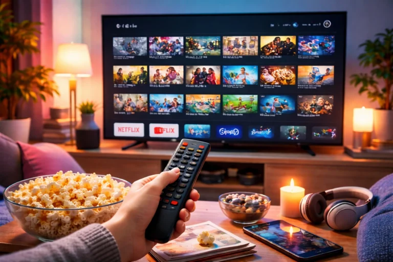 Sala aconchegante com pessoa segurando controle remoto enquanto navega por diversos canais em uma Smart TV, com pipoca e iluminação quente ao redor, representando acesso a mais de 800 canais liberados via Google TV 📺🍿