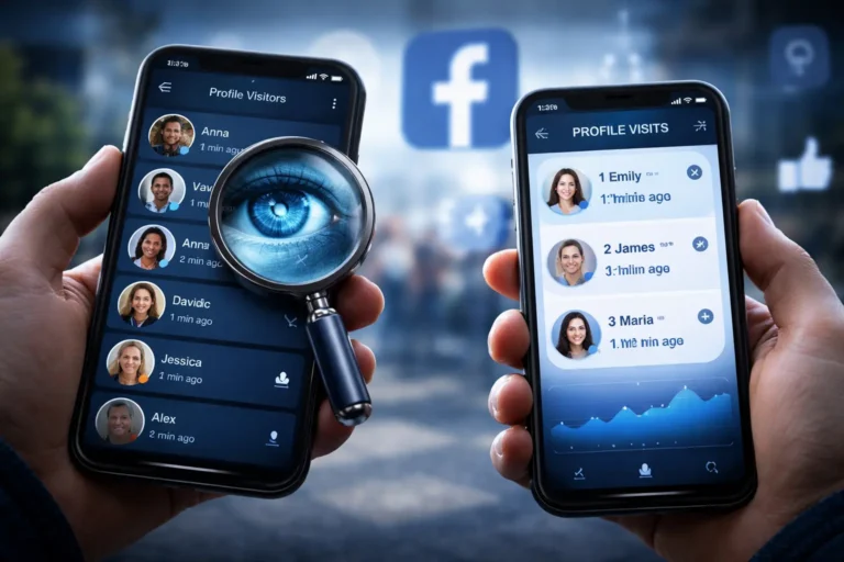 Pessoa segurando dois celulares com aplicativos de análise de perfil abertos, exibindo listas de visitantes e interações, com fundo desfocado inspirado em rede social.