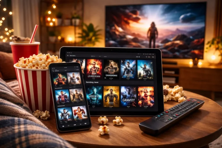 Smartphone e tablet exibindo catálogo de filmes e séries sobre uma mesa com pipoca e controle remoto, em uma sala aconchegante com TV ao fundo exibindo um filme.