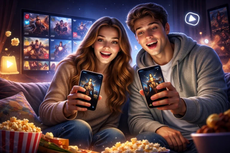 Casal sorrindo no sofá segurando smartphones com filmes na tela, balde de pipoca à frente e TV ao fundo exibindo catálogo de streaming, em ambiente aconchegante de noite. 🍿📱