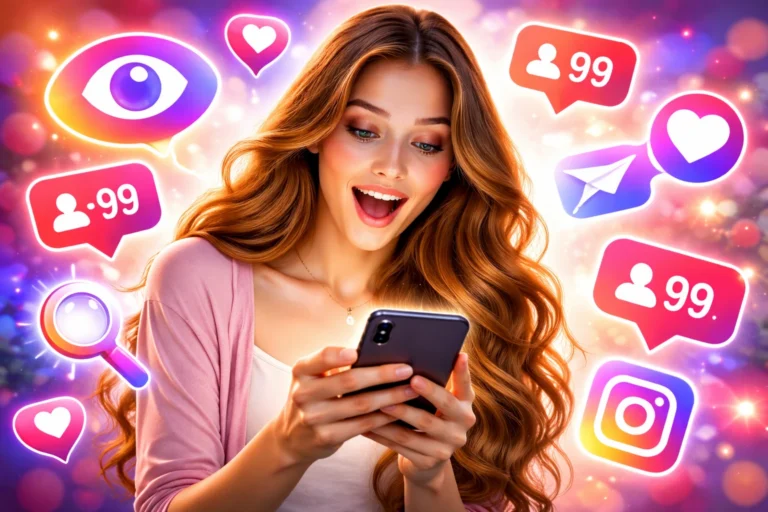 Mulher surpresa olhando o celular com ícones de curtidas, seguidores e mensagens do Instagram flutuando ao redor.