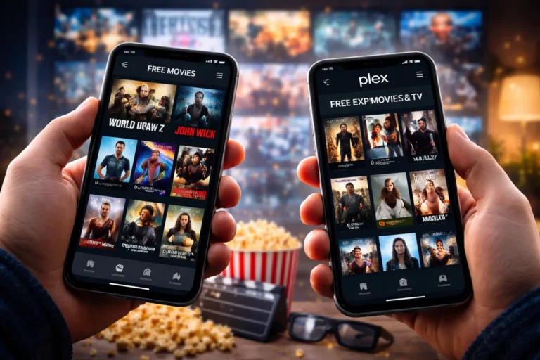 Pessoa segurando dois celulares com aplicativos de filmes abertos, mostrando catálogos de filmes, com fundo desfocado de cinema, pipoca e telões ao redor.