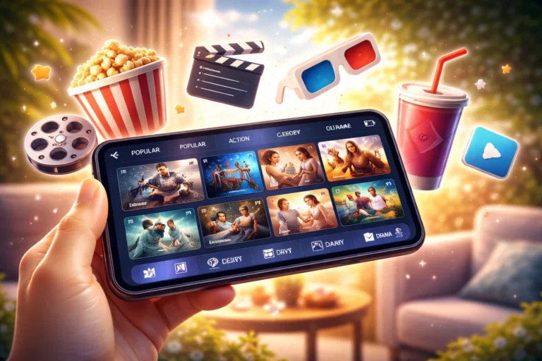Celular exibindo aplicativo de streaming com catálogo de filmes e séries, com ícones de cinema como pipoca, claquete e óculos 3D ao redor.