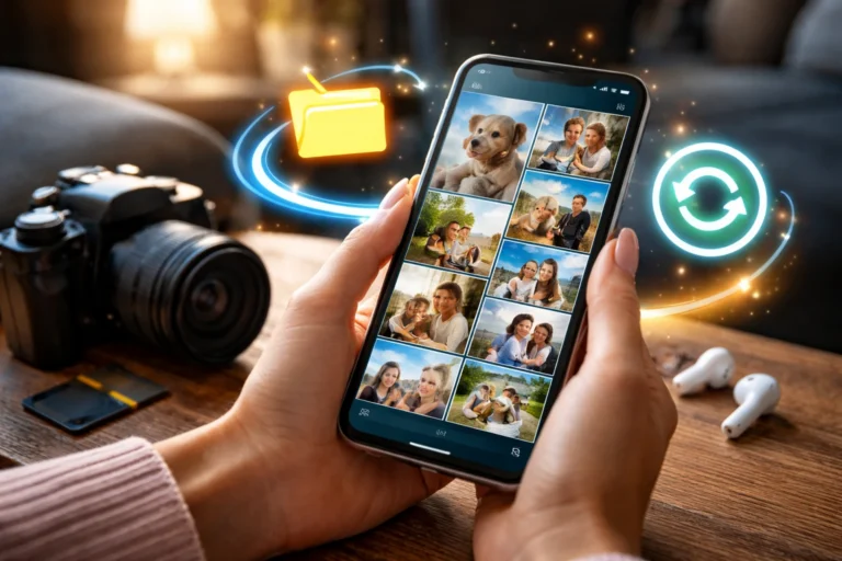 Pessoa segurando smartphone com galeria de fotos restauradas na tela, cercada por câmera e acessórios, representando recuperação de imagens apagadas.