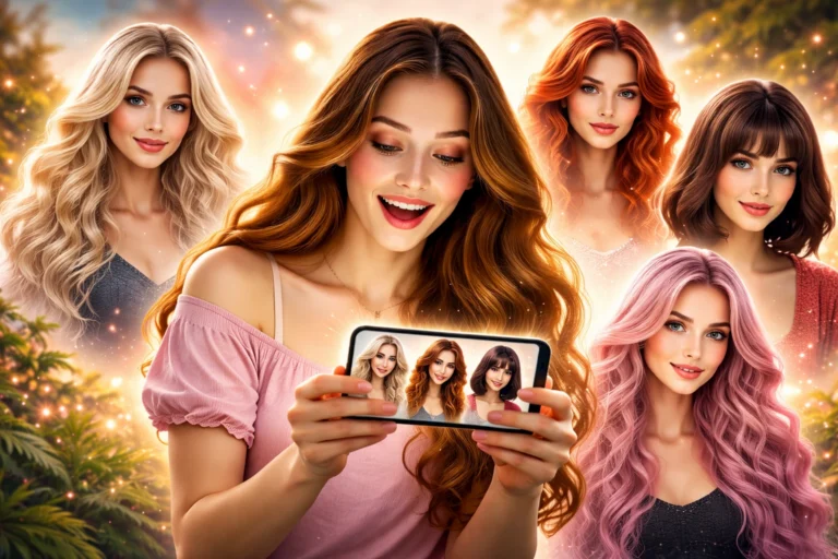 Mulher testando cortes e cores em apps para simular cabelos usando aplicativo de celular.