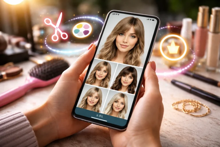Pessoa segurando celular com app de simulação de penteados, mostrando diferentes estilos de cabelo, com itens de beleza ao redor em ambiente iluminado.