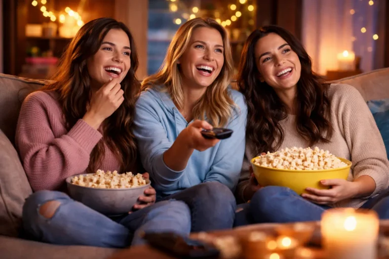 Três amigas sentadas no sofá em uma sala aconchegante, assistindo TV, sorrindo e comendo pipoca, com luzes quentes e ambiente confortável ao fundo.