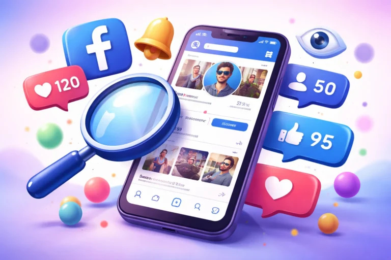 Smartphone exibindo perfil do Facebook com lupa analisando atividades, curtidas e interações, representando aplicativos que monitoram redes sociais.