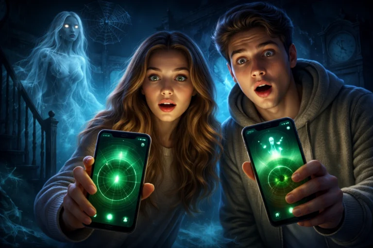 Dois jovens segurando smartphones com radar verde de detecção na tela, em ambiente escuro com clima misterioso, enquanto uma figura fantasmagórica aparece ao fundo iluminada em azul. 👻📱