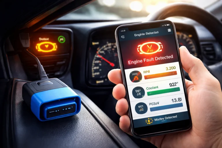 Pessoa segurando smartphone com aplicativo de diagnóstico automotivo mostrando falha no motor, com adaptador OBD2 conectado e luz de alerta acesa no painel do carro ao fundo.