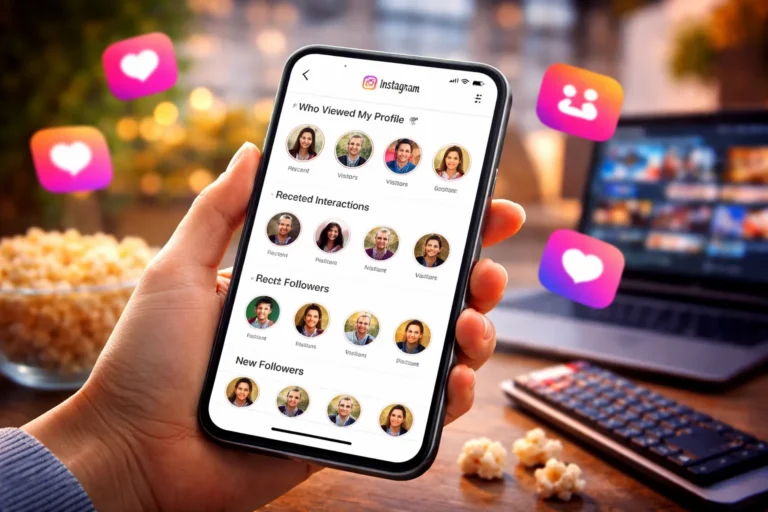 Pessoa segurando celular com tela mostrando análise de interações do Instagram, com perfis, curtidas e seguidores ao redor em ambiente aconchegante.