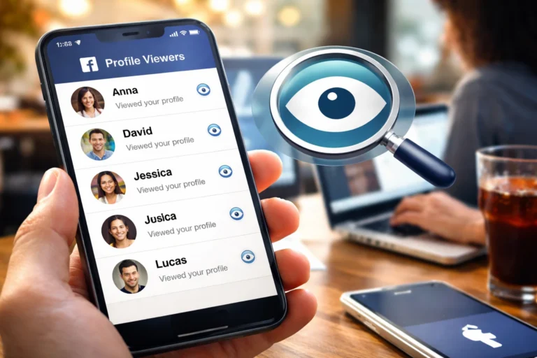 Pessoa segurando smartphone com app mostrando possíveis visitantes do perfil no Facebook, com ícone de lupa ao lado, sugerindo descoberta de quem visualiza o perfil.
