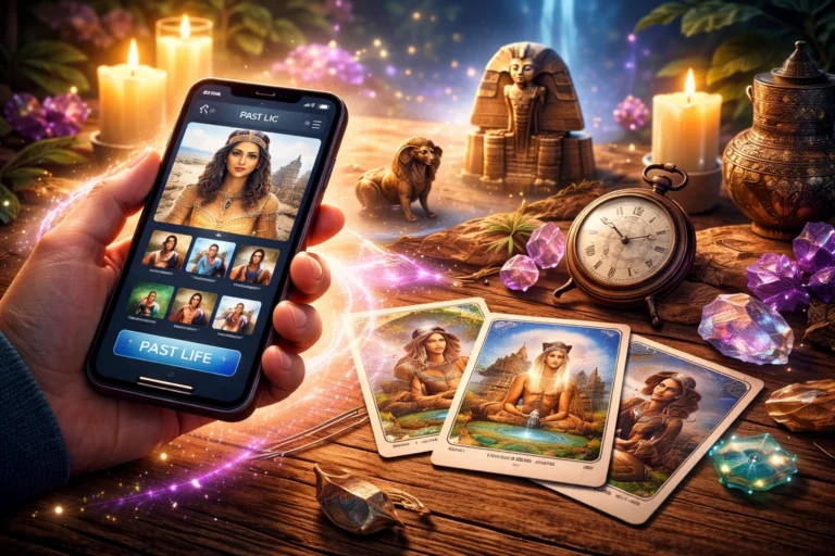 Celular exibindo aplicativo que mostra possíveis vidas passadas enquanto objetos místicos como cartas, cristais e estátua antiga aparecem ao redor. 🌌📱