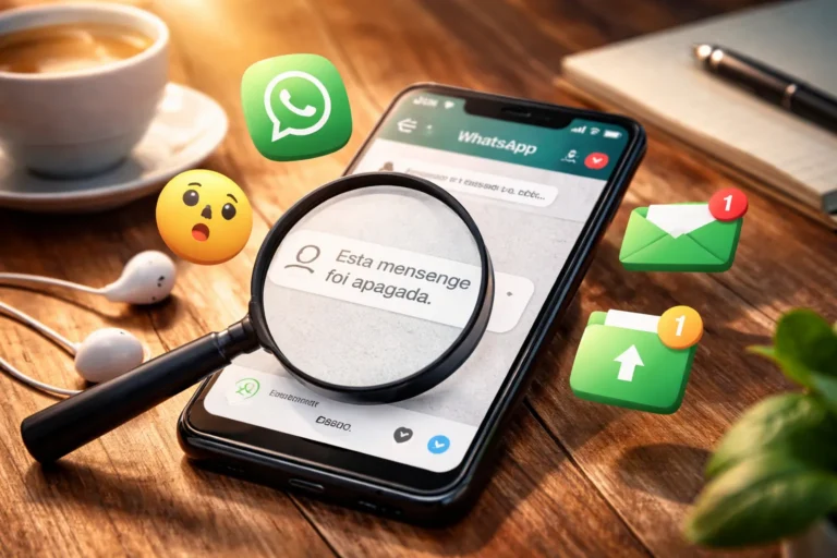 Pessoa usando smartphone com conversa do WhatsApp mostrando mensagem apagada ampliada por uma lupa, com elementos de notificação ao redor.