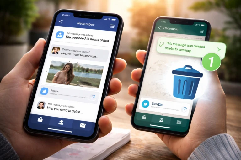 Pessoa segurando dois smartphones com aplicativo mostrando recuperação de mensagens apagadas do WhatsApp em conversas de chat.