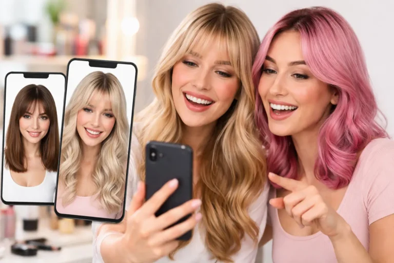 Duas mulheres sorrindo usam aplicativo no celular para testar novos visuais de cabelo, simulando cores e estilos diferentes em tempo real.