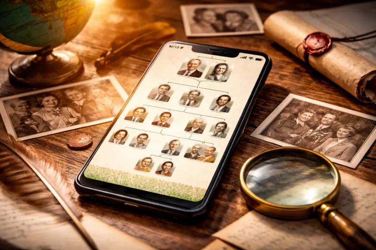 Smartphone exibindo árvore genealógica com fotos de familiares, sobre mesa com fotos antigas, lupa e elementos vintage que remetem à história da família.