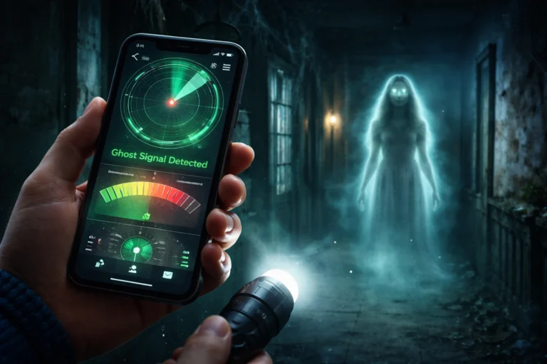 Pessoa segurando smartphone com aplicativo de radar paranormal detectando presença em um corredor escuro enquanto uma figura fantasmagórica aparece ao fundo.