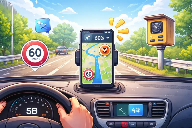 Celular no painel do carro exibindo aplicativo de navegação com alerta de radar de velocidade, mostrando limite da via e aviso de radar próximo na estrada. 🚗📱