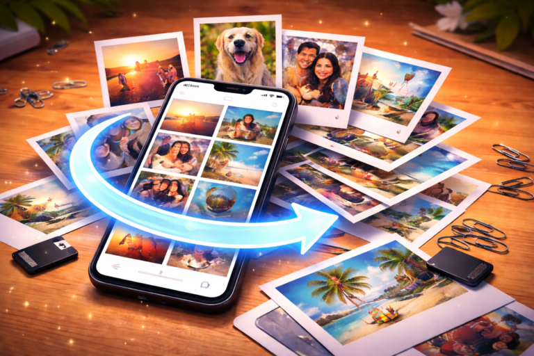 Celular exibindo aplicativo de recuperação de fotos deletadas, com várias fotos restauradas ao redor do aparelho, representando apps para recuperar fotos apagadas do celular.