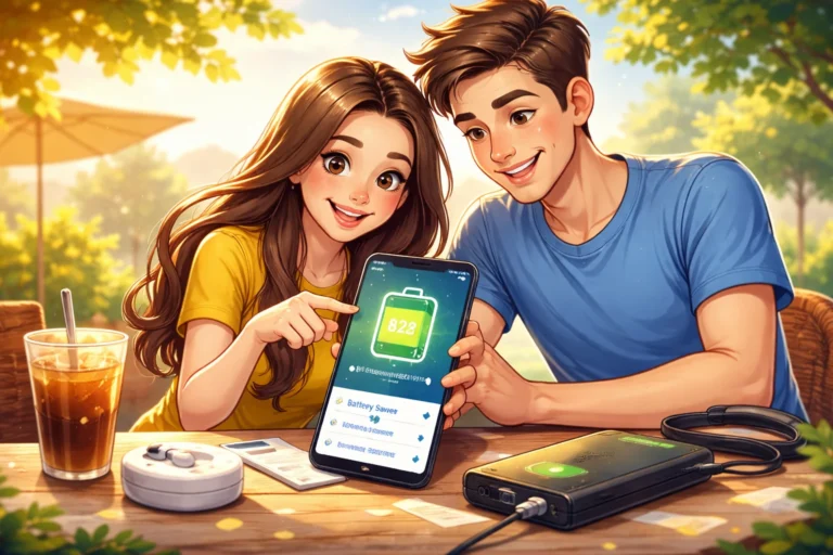 Pessoa usando aplicativo no smartphone para economizar bateria do celular enquanto acompanha nível de carga e configurações de economia de energia. 🔋📱