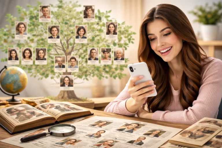 Mulher pesquisando a árvore genealógica da família no celular enquanto fotos antigas e um diagrama de árvore familiar aparecem ao fundo.