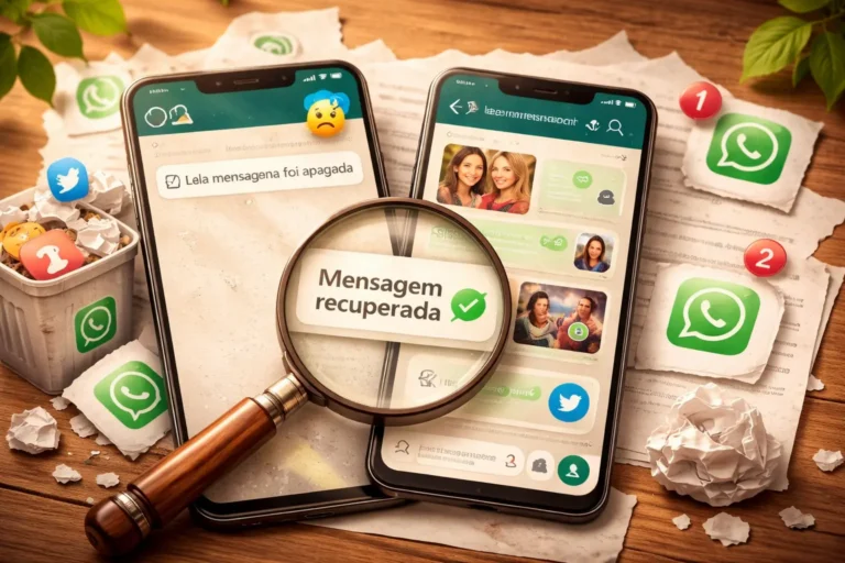 Celulares exibem mensagens apagadas e recuperadas do WhatsApp, com lupa destacando conteúdo restaurado e ícones de mídia como fotos e áudios.