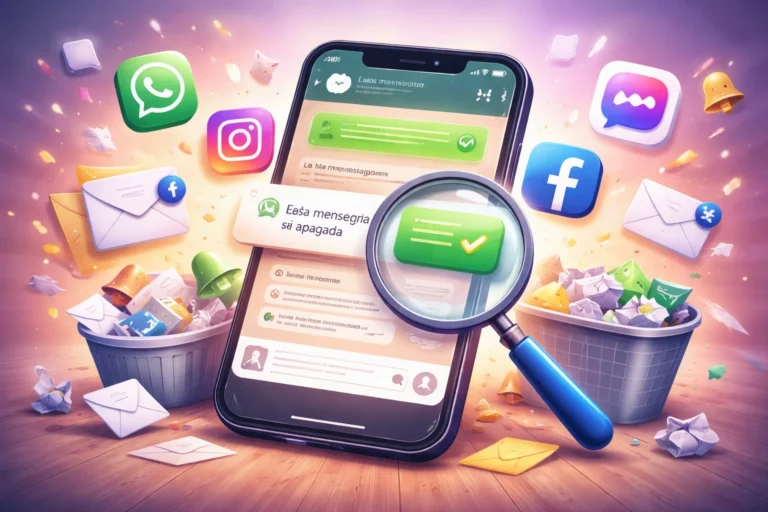 Smartphone com mensagens restauradas na tela enquanto uma lupa destaca conversa apagada, representando app para recuperar mensagens apagadas nas redes sociais.