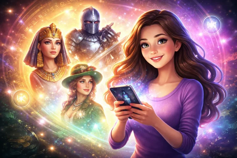 Ilustração de uma mulher segurando um celular enquanto figuras de diferentes épocas surgem ao redor, representando possíveis vidas passadas em um cenário místico e iluminado.