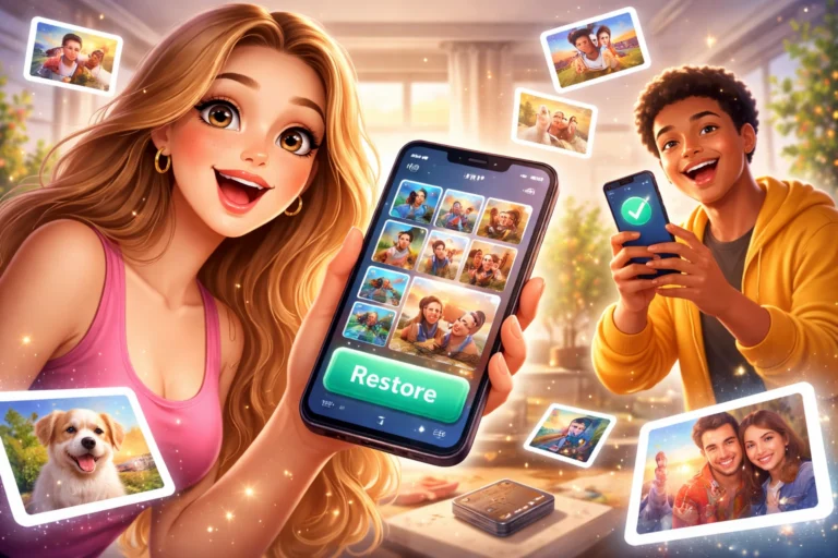 Pessoa sorrindo segurando celular com fotos restauradas na tela enquanto outras imagens reaparecem ao redor, representando recuperação de fotos apagadas com aplicativo.