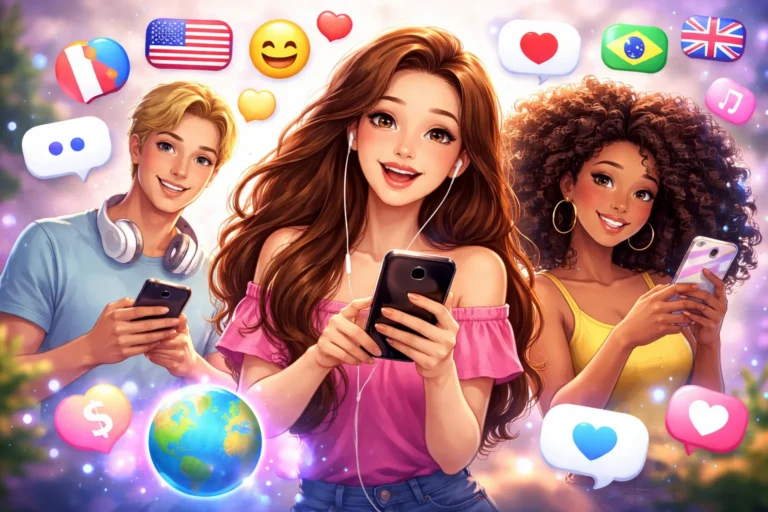 Ilustração de três jovens usando smartphones e conversando online, com ícones de chat, emojis e bandeiras ao redor, representando conexões e amizades globais.