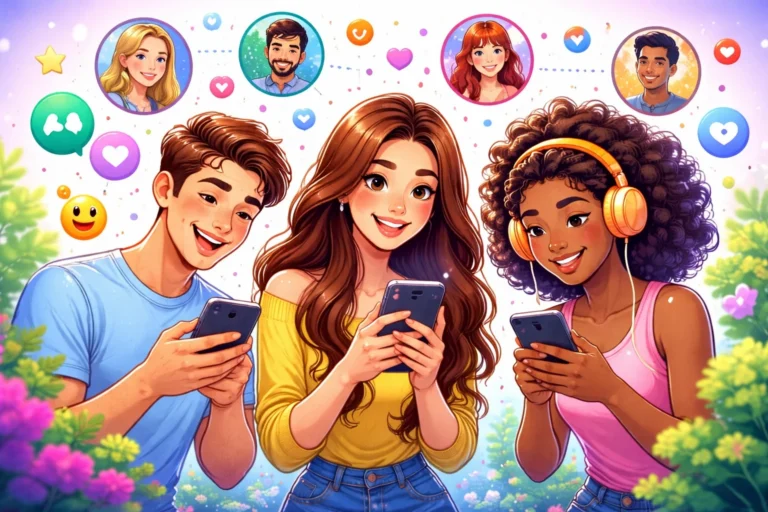 Três jovens sorrindo usando celulares cercados por ícones de conversa e perfis, representando aplicativos de bate-papo online para fazer amizades.