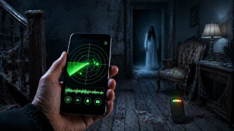 Celular com radar detector de fantasmas em mansão abandonada escura, figura fantasmagórica no corredor ao fundo e aparelho paranormal no chão.