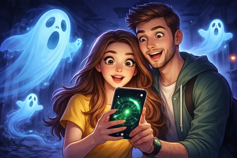 Ilustração de um casal segurando um celular com radar de detecção, cercados por figuras de fantasmas em um ambiente escuro, representando a experiência de caçar fantasmas com o celular.
