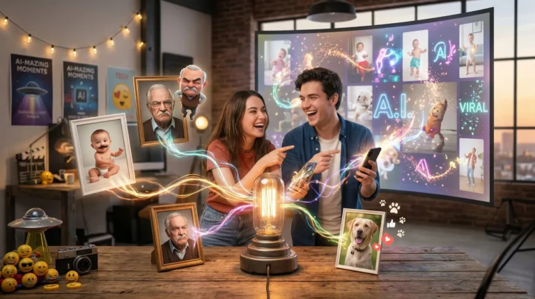 Casal sorrindo enquanto usa um celular para criar vídeos com inteligência artificial, com fotos ganhando vida ao redor e efeitos coloridos, em um ambiente moderno e criativo.