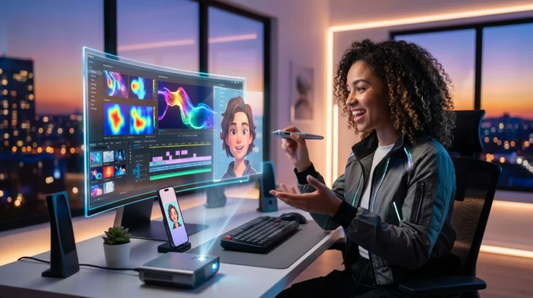 Mulher sorrindo em escritório moderno usando ferramentas de inteligência artificial para criar vídeos e avatar digital em telas futuristas.