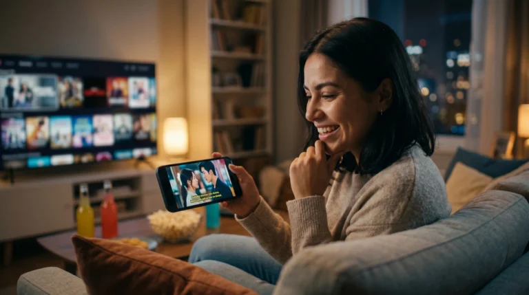 Mulher assistindo novela coreana no celular em sala aconchegante à noite, com TV ao fundo, pipoca e ambiente de cinema em casa.