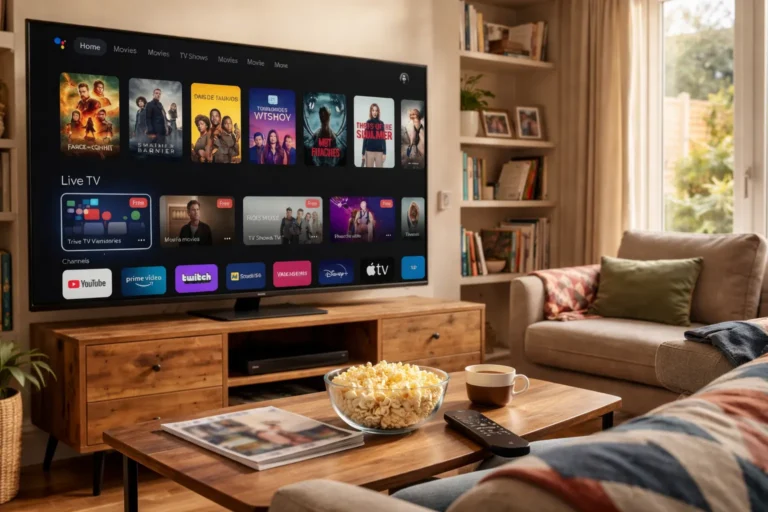 Sala de estar aconchegante com uma TV grande exibindo uma interface de streaming com vários filmes e canais, mesa com pipoca e café, e sofá ao lado iluminado por luz natural.