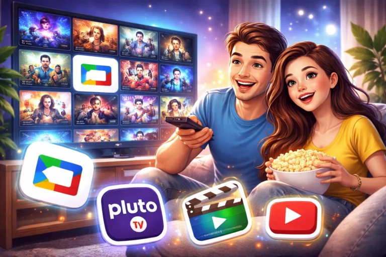 Ilustração de um casal sentado no sofá assistindo TV, usando controle remoto e comendo pipoca, com tela exibindo vários conteúdos de streaming e ícones de apps ao redor.