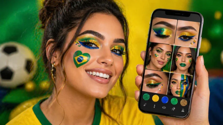 Mulher com maquiagem temática da Copa do Mundo usando aplicativo no celular com ideias de makes coloridas, em cenário festivo com bola de futebol ao fundo.