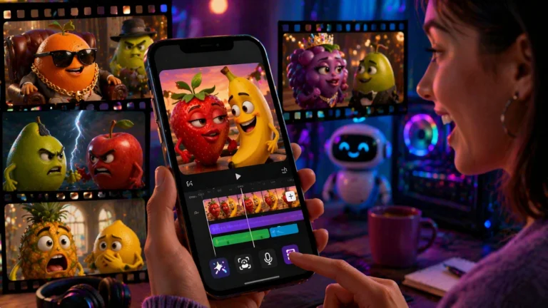 Mulher criando vídeo no celular com aplicativo de IA, cercada por personagens de frutas animadas em cenas coloridas e divertidas.