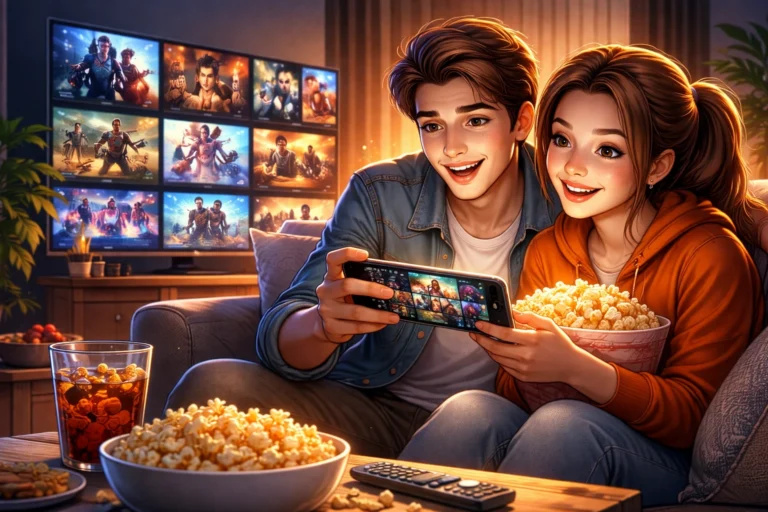 Uma ilustração aconchegante mostra um casal assistindo filmes no celular com pipoca e TV ao fundo em clima de cinema em casa.