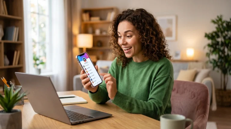 Mulher sorrindo em mesa de trabalho usando notebook e mostrando celular com aplicativo de bate-papo em sala aconchegante.