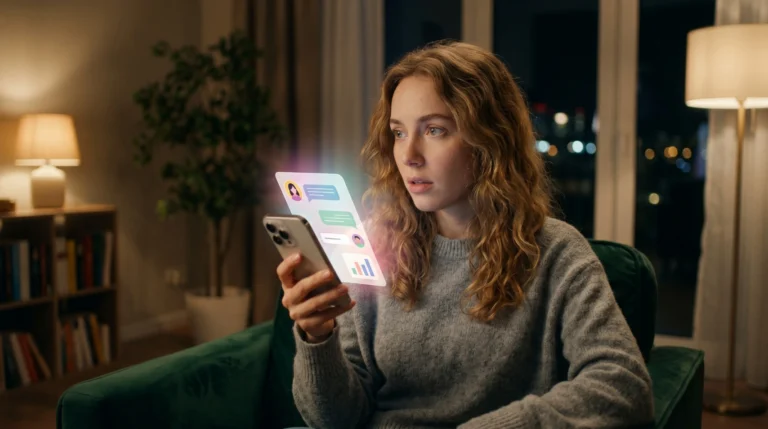 Mulher olhando celular com expressão surpresa à noite em sala aconchegante, com elementos visuais flutuantes representando mensagens e atividade digital.