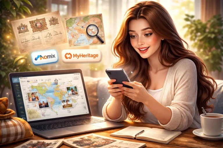 Mulher sorrindo usando o celular enquanto explora a origem do sobrenome, com laptop aberto mostrando mapa e fotos de família sobre a mesa em um ambiente aconchegante.