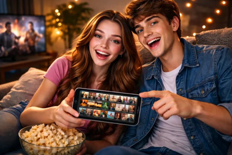 Casal assistindo filmes no celular em casa com pipoca, ambiente aconchegante e luzes suaves ao fundo, representando streaming grátis