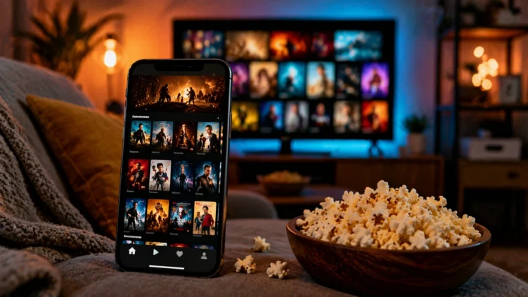 Celular exibindo catálogo de filmes ao lado de tigela de pipoca em sofá aconchegante, com televisão iluminada ao fundo em sala moderna.