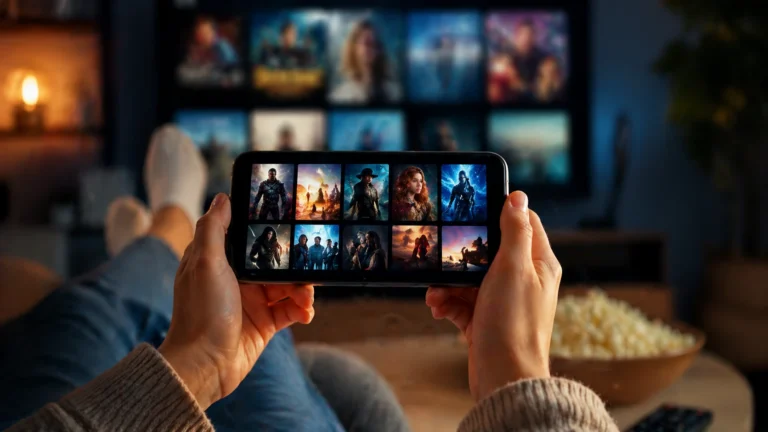 Pessoa assistindo filmes e séries grátis no celular em sala aconchegante, com TV ao fundo, pipoca na mesa e ambiente de cinema em casa.